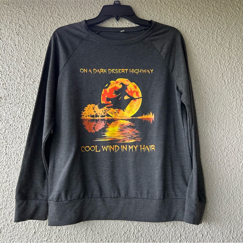 Women’s gray small Halloween witch pull over sweatshirt with graphic design